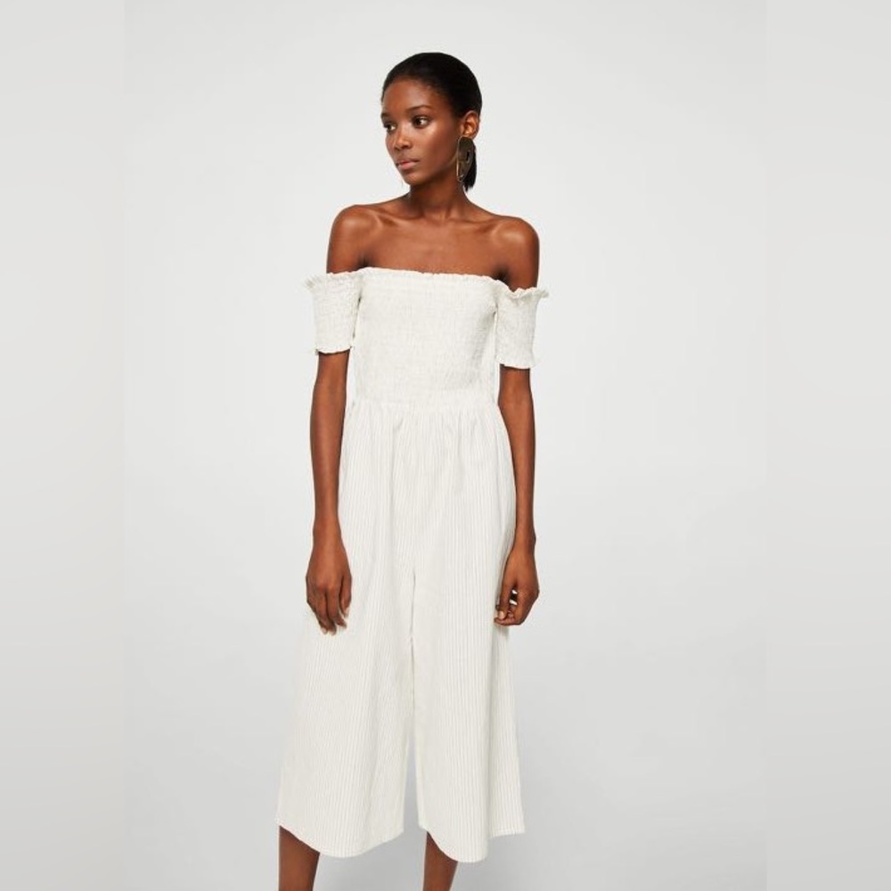 Mango Off Shoulder White Striped Wide Leg Jumpsuit